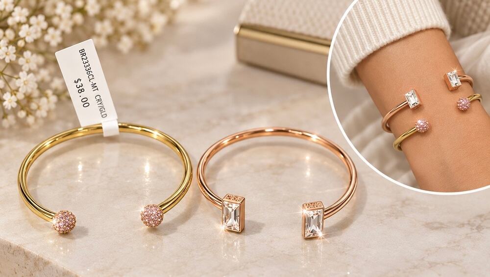 $72 set 2 open cuff bracelet set pink gold sparkling crystal rhinestones gift